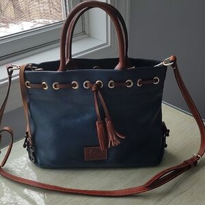 Leather Navy and Brown Tote Bag with Tassel Accent